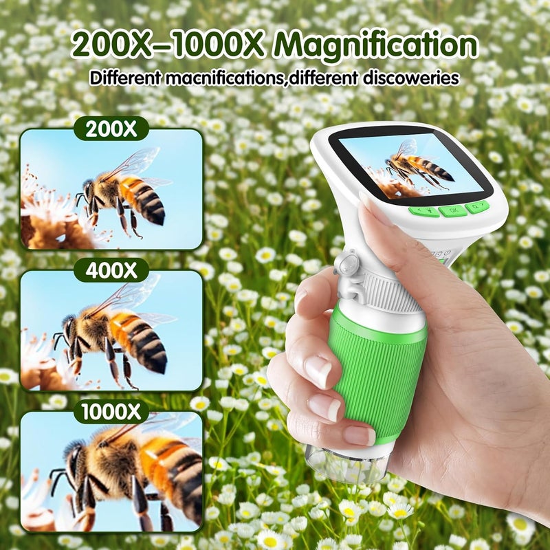 EDCREATY Microscope for Kids, 200X-1000X Portable Pocket Handheld Microscope, 2.4 High-Definition Screen, 200W Pixels for Birthday Christmas Holiday Toys Gifts for 5 6 7 8 9 10 11 12 Kids(White+Green) - Image 3